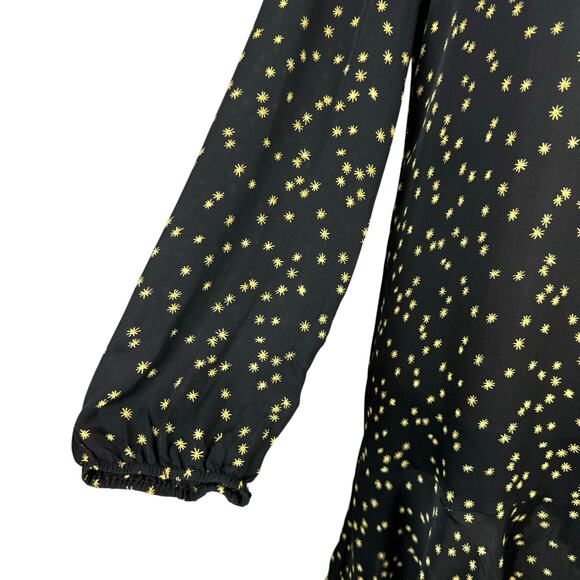 Theory Black & Yellow Star Print Silk Long Sleeve Flare Mini Dress - Picture 9 of 14